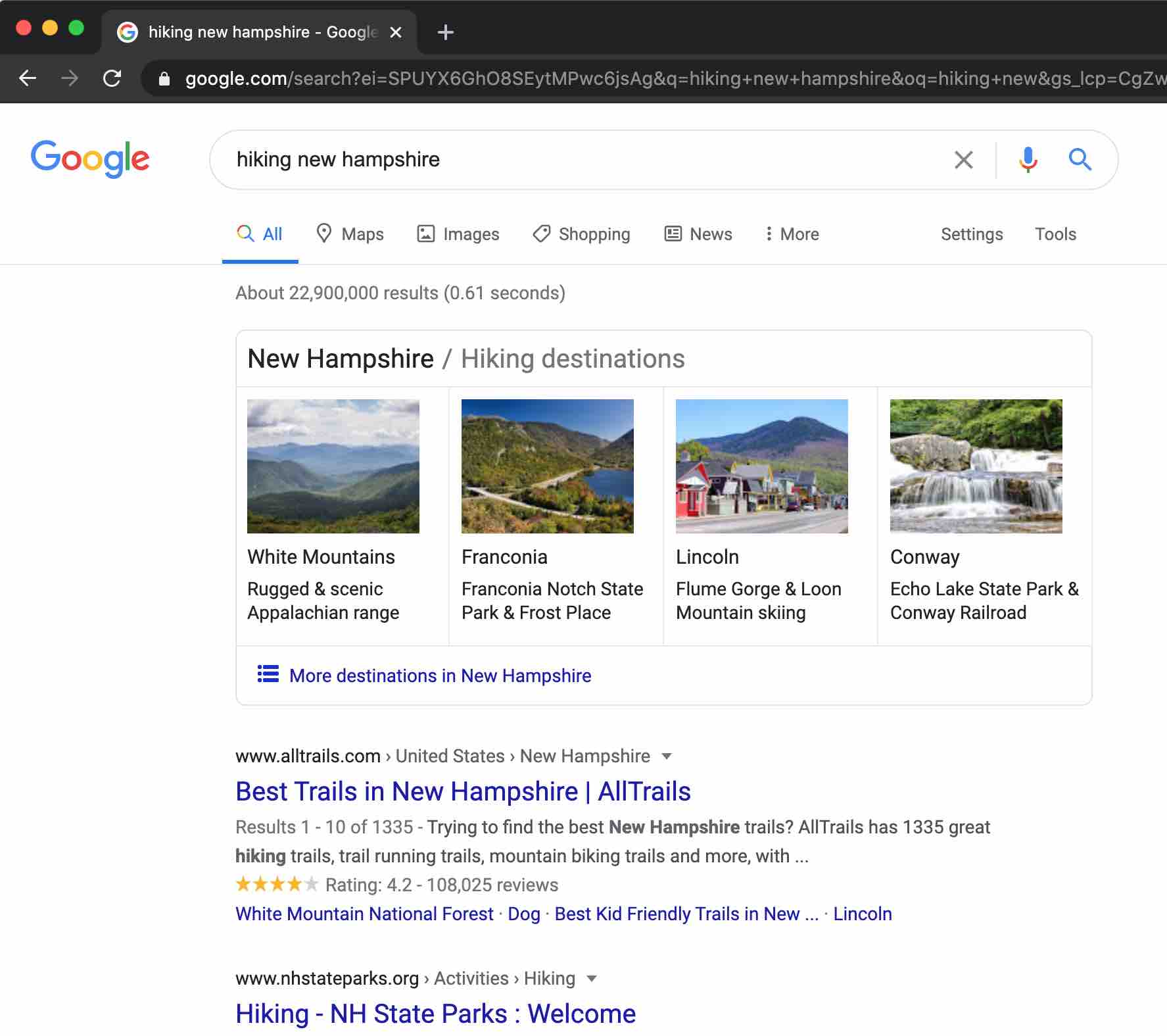 Google search for *hiking "new hampshire"*