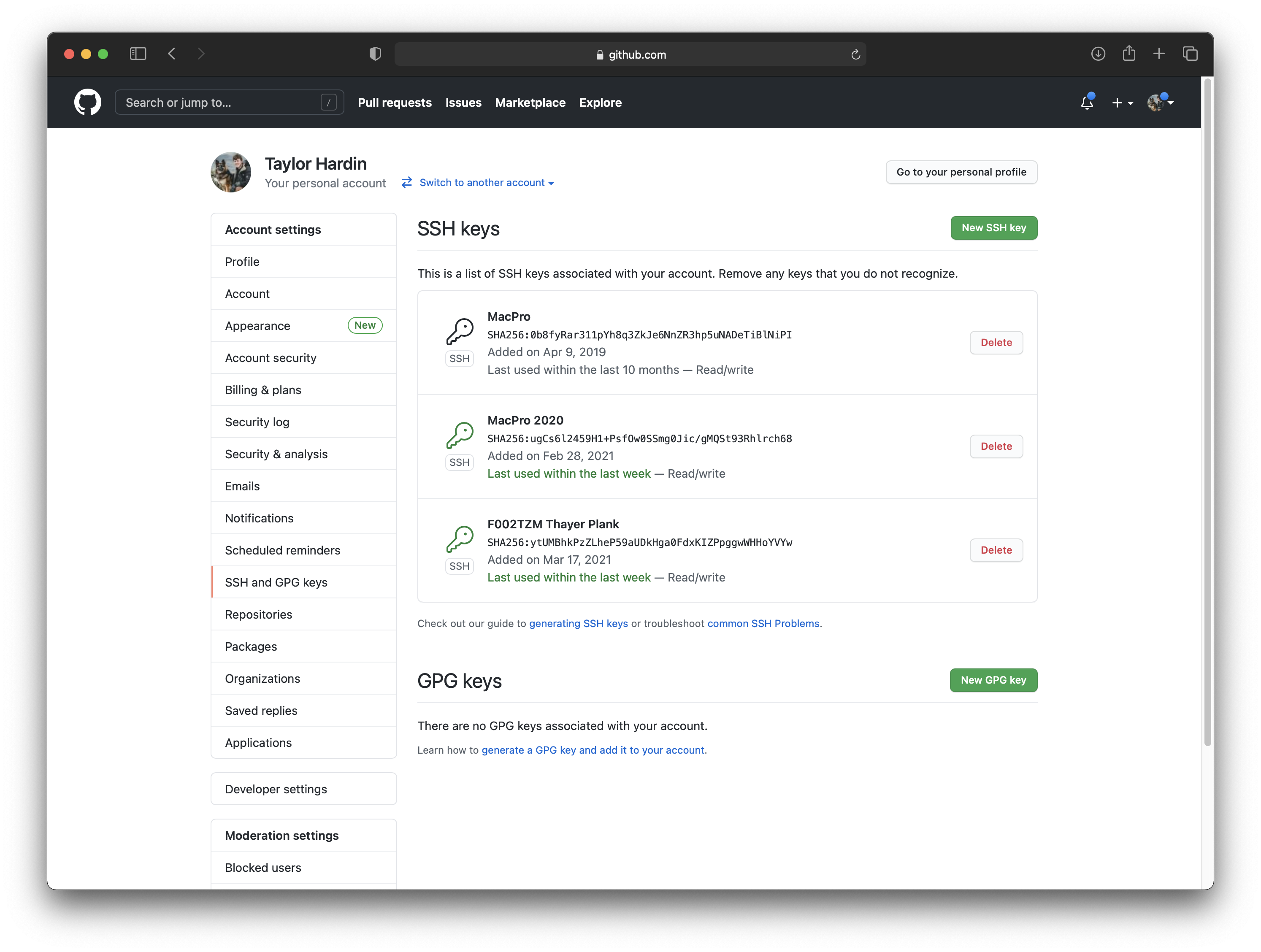 screenshot from GitHub settings page